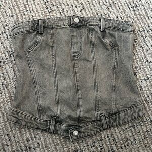 Zara Women’s L Gray Denim Corset Strapless Bustier Top Zip Smocked Back
